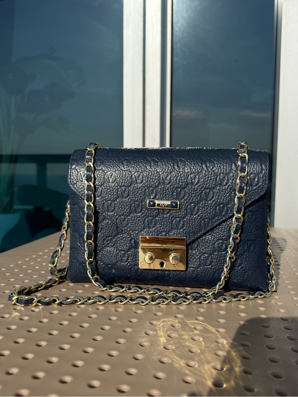 Valentino AUTHENTIC Navy Blue Leather Chain Crossbody Bag with Gold Hardware